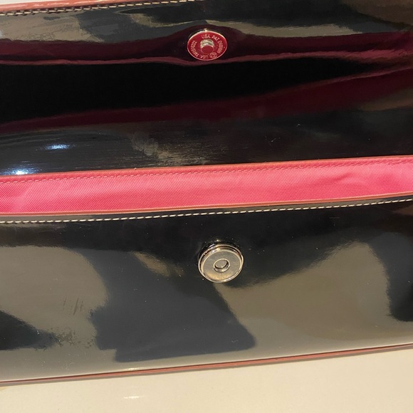 MAXX New York brand black patent clutch with cognac colour leather trim, classic - Picture 3 of 4